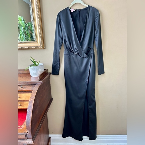 House of CB Serafina Black Satin Gown Deep-V Plunge Long Sleeve Slit Maxi XS - Picture 2 of 15